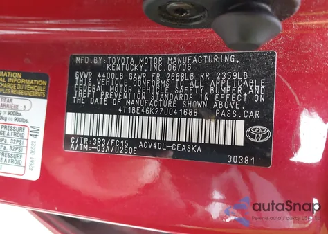 2007 Toyota Camry Se z USA, uszkodzony, nr VIN 4T1BE46K27U041688